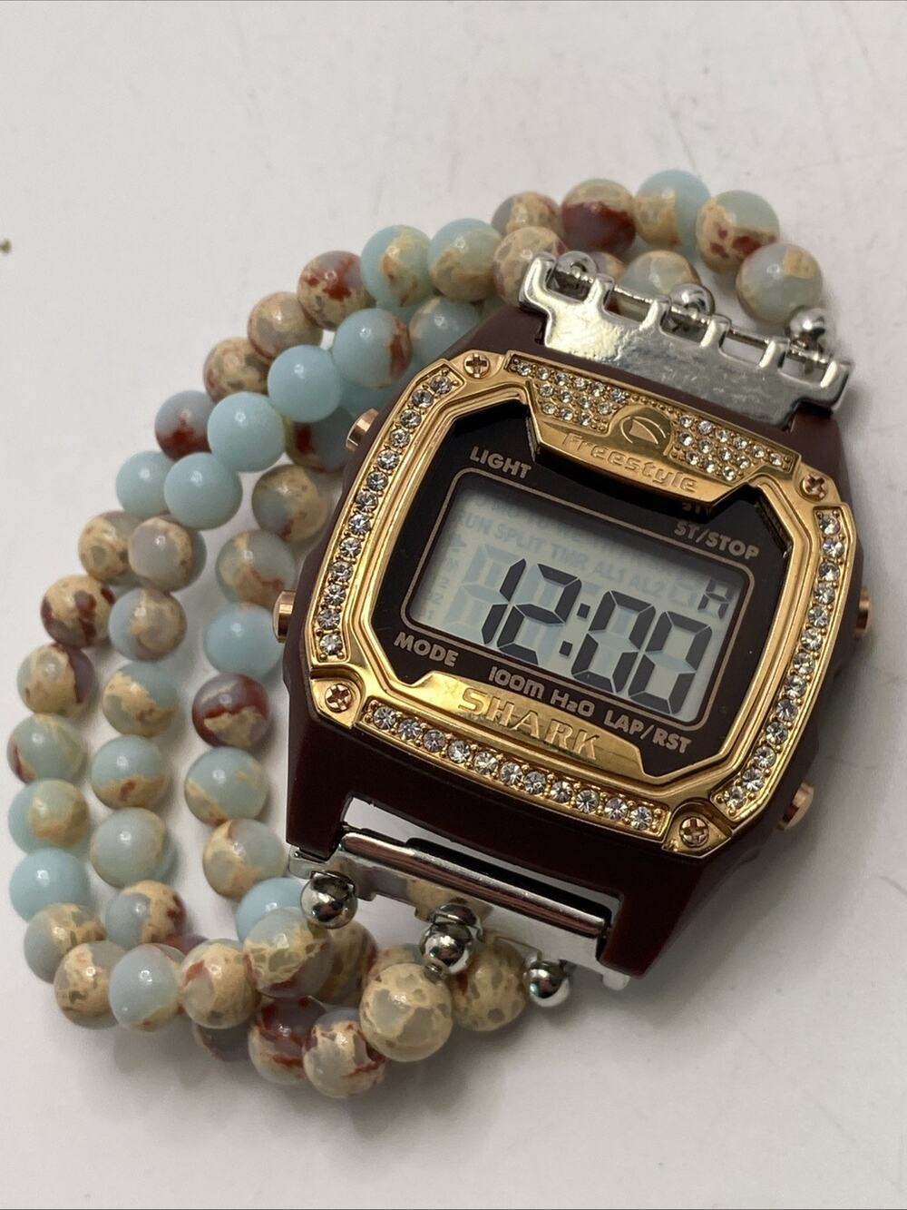 Freestyle Shark Rosegold Rhinestone Beaded Band Surfing Watch New Battery